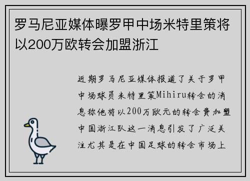 罗马尼亚媒体曝罗甲中场米特里策将以200万欧转会加盟浙江
