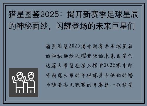 猎星图鉴2025：揭开新赛季足球星辰的神秘面纱，闪耀登场的未来巨星们