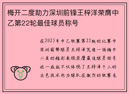 梅开二度助力深圳前锋王梓洋荣膺中乙第22轮最佳球员称号