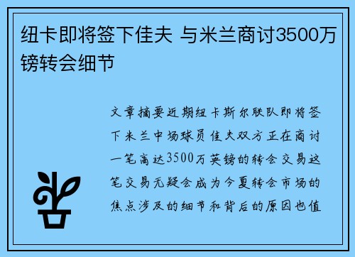 纽卡即将签下佳夫 与米兰商讨3500万镑转会细节