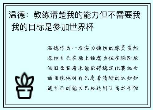 温德：教练清楚我的能力但不需要我 我的目标是参加世界杯